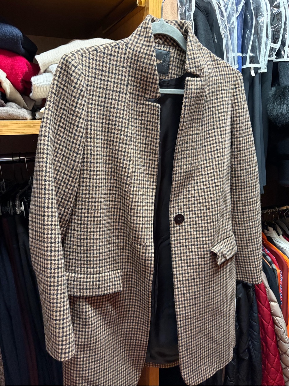Maje Wool Brown and Black Houndstooth Pea Coat